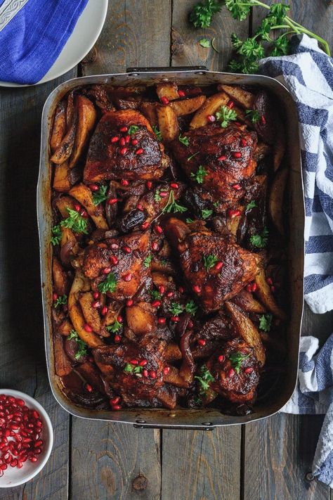 One Pan Pomegranate Molasses Chicken And Potatoes | Olive & Mango Pomegranate Molasses Chicken, Molasses Chicken, Sukkot Recipes, Mediterranean Diet Recipes Dinners, Pomegranate Recipes, Shabbat Dinner, Chicken And Potatoes, Pomegranate Molasses, Duck Recipes