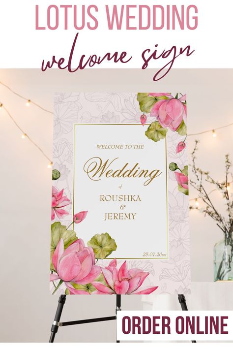 Pink lotus flowers golden border personalized welcome sign Lotus Wedding, Wedding Business Ideas, Wedding Welcome Board, Sarees For Girls, Ring Ceremony, Welcome Board, Golden Border, Name Boards, Welcome Boards