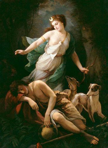 “Diana and Endymion” by Johann Grund, (c. 19th century) Greyhounds are often depicted as the hunting dog of the goddess Diana, who the Roman’s believed had the power to talk to and control animals. Myth Gods, Diana Artemis, Goddess Diana, Goddess Artemis, Apollo And Artemis, Goddess Of The Hunt, Greek Paintings, Greyhound Art, Music Drawings