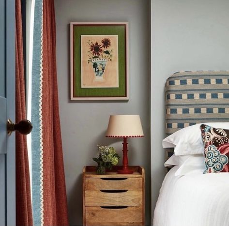 Colourful bedroom with Red and blue stripy curtains, pale blue grey walls. Parents Retreat, Edward Bulmer, Natural Paint, Loft Space, Deco Studio, Big Crush, Bedroom Loft, Loft Spaces, Blue Bedroom