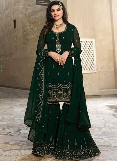 Dark Green Embroidered Georgette Gharara Suit Indian Fashion Salwar, Green Gharara, Sharara Suit Designs, Pakistani Sharara, Green Sharara, Gharara Suits, Costume Gris, Embroidered Sharara, Sharara Designs