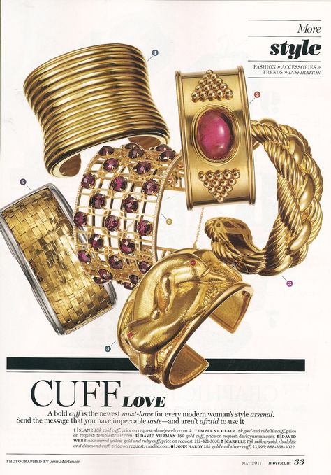 More Magazine, May 2011.  Rhodolite After Dark Cuff. Chunky Gold Jewellery, Chunky Gold Jewelry, Dope Jewelry Accessories, Jewelry Magazine, Dope Jewelry, Stacked Jewelry, Gold Cuffs, Jewelry Lookbook, Funky Jewelry