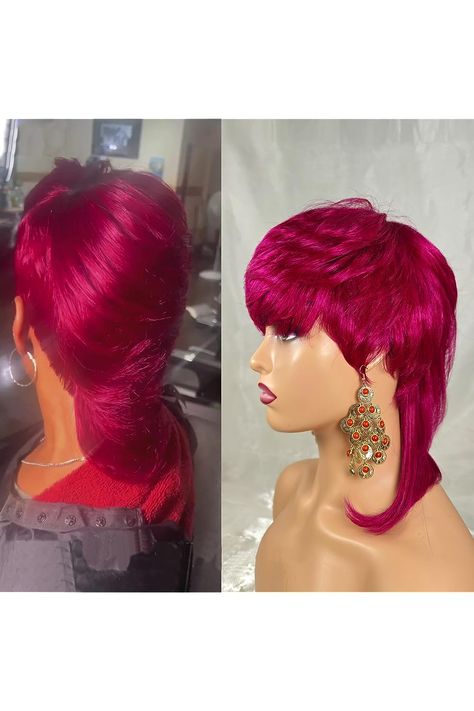 TANGCAI Mullet Wig Human Hair Pixie Cut Wigs Magenta Rose Red Color Pixie Cut Wigs for Women Shaggy Layered 80s 90s Mullet wigs Guleless Full Machine Made Wigs 90s Mullet, Color Pixie Cut, Mullet Wigs, Rose Red Color, Pixie Cut Wigs, Mullet Wig, Magenta Rose, Hair Pixie, Pixie Cut Wig