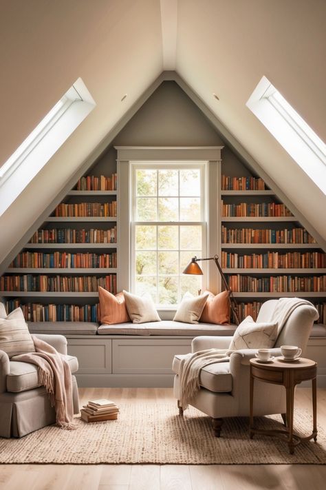 Attic Room Makeover into a library with cozy reading chairs Attic Design Ideas Bedroom, Attic Space Playroom, Attic Sloped Ceiling Decorating Ideas, Attic Opening Ideas, French Country Vaulted Ceiling, Attic Bedroom Bookshelves, Loft In Bedroom Ideas, Loft Bonus Room Ideas Slanted Ceiling, Slanted Ceiling Loft Ideas