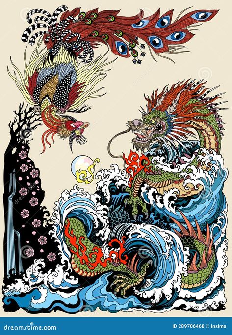 Dragon And Phoenix Art, Pearl Illustration, Dragon Mosaic, Japanese Lion, Feng Shui Animals, Animals Vector Illustration, Phoenix Dragon, Eastern Dragon, Mythical Creatures Fantasy