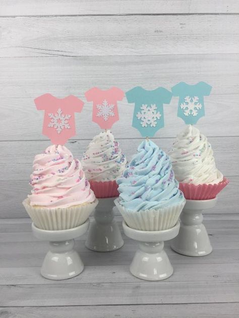 SNOWFLAKE Cupcake Toppers - Boy or Girl Cupcake Toppers - Gender Reveal Shower - Snowflake Baby Shower - Baby Onesie Toppers - Winter Shower Snowflake Themed Gender Reveal, Snowflake Gender Reveal Ideas, Gender Reveal Winter Theme, Winter Gender Reveal Outfit, Winter Wonderland Gender Reveal Ideas, Baby It’s Cold Outside Gender Reveal, January Gender Reveal, Winter Gender Reveal Ideas For Party, Winter Themed Gender Reveal