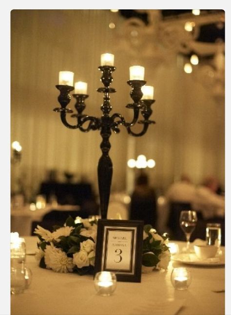 Candelabra centerpiece Black Candelabra Centerpiece Wedding, Black Candleabra Ideas, Black Candleabras Centerpiece Wedding, Formal Centerpieces, Black Candelabra Centerpiece, Candelabra Centerpieces, Black Candelabra, Tiffany Theme, Candelabra Centerpiece