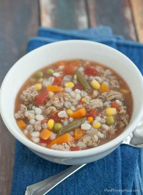 This Simple Slowcooker Ground Turkey Vegetable Barley Soup is a cinch to throw together and better yet, it cooks all day in the slowcooker so dinner's ready at the end of a busy day! #souprecipe #soup #vegetablesoup #slowcooker #crockpotrecipe #makeaheadrecipe #mealplanningmagic Turkey Barley Soup, Cooking Ham In Crockpot, Cooking Ham, Turkey Soup From Carcass, Turkey Vegetable Soup, Vegetable Barley Soup, Soup Vegetable, Irish Recipes Traditional, Turkey Soup Recipe