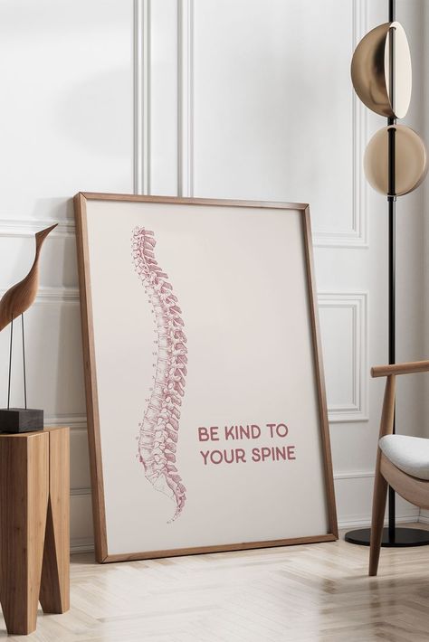 This beige & pink chiropractor poster features the drawing of a spine with the saying "be kind to your spine." It would be great fit as chiropractic office decor and an original gift for chiro friends, your favourite spine whisperer, and future chiropractors. Printable wall art is affordable and super convenient: download, print and display instantly! Chiropractic Aesthetic, Chiropractor Aesthetic, Chiropractor Office Design, Chiropractic Office Ideas, Chiropractic Office Decor, Spine Anatomy, Chiropractic Art, Chiropractic Office Design, Medical Posters