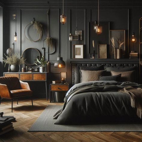 Masculine Bedroom Dark Interior Design Luxury Bedroom, Masculine Wall Decor Bedroom, Masculine Home Decor Ideas, Dark Interior Design Luxury, Masculine Wall Decor, Dark Moody Bedroom Ideas, Masculine Bedroom Ideas, Dark Moody Bedroom, Masculine Home Decor