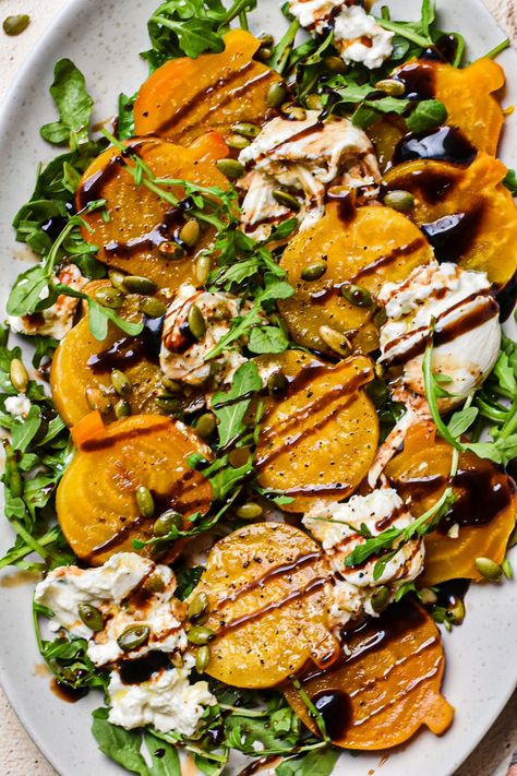 Golden Beets & Burrata Salad Golden Beet Salad Recipes, Golden Beet Recipes, Beets And Burrata, Golden Beets Recipe, Salad Burrata, Golden Beet Salad, Dinner Party Salad, Golden Beets Salad, Roasted Golden Beets