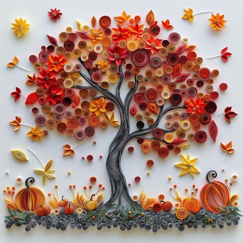 Title: Digital Autumn Pumpkin Tree Quilling Art (2) "Experience the fusion of AI and creative prompts, transforming visuals into masterpieces." Indulge in the mesmerizing beauty of autumn with this enchanting Autumn Pumpkin Tree Quilling Art Print (2). This artwork captures the essence of the season in a burst of color and detail. Each intricate coil and subtle curve is meticulously designed to evoke the vibrant colors of autumn foliage in this digital artwork.  This digital file offers the perf Autumn Quilling Ideas, Autumn Crafts For Adults, Quilling Trees, Quilled Tree, Pumpkin Tree, Creative Prompts, Paper Quilling For Beginners, Quilling Work, Fall Arts And Crafts