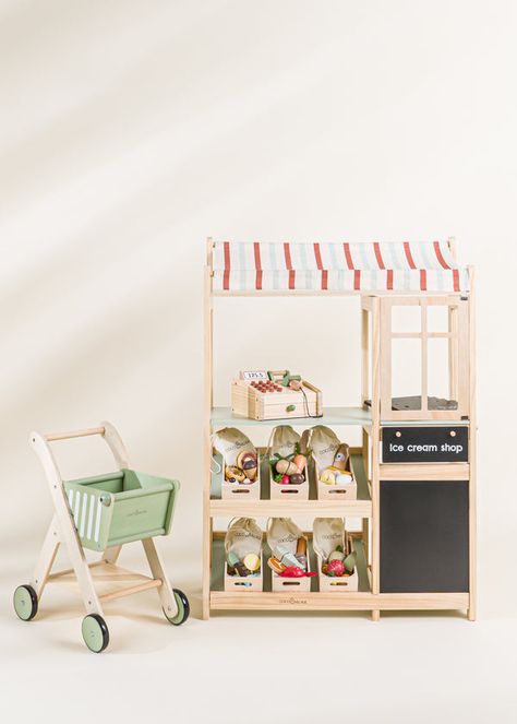 Kids Market Stand, Wooden Shopping Cart, Play Market Stand, Wooden Cash Register, Market Cart, Ikea Play Kitchen, Kids Market, Play Market, Girls Playroom