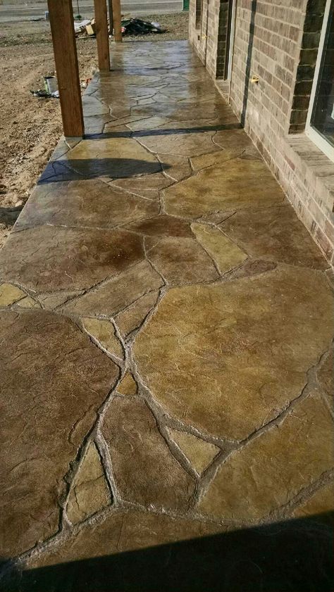 Stamped and stained concrete patio in flagstone!! Stained Concrete Patio, Stamped Concrete Patterns, Concrete Stain Patio, Concrete Patios, Stamped Concrete Patio, Stone Walkway, Concrete Driveways, Patio Flooring, Concrete Porch