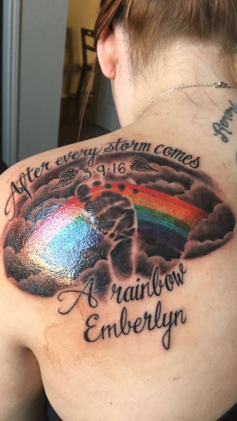 Rainbow baby, my rainbow baby tattoo. 🌈❤️💛💚💙💜 Rainbow After The Storm Tattoo, Rainbow Name Tattoo, Miracle Baby Tattoo, Tattoos For Babies, Rainbow Baby Tattoo Ideas, Rainbow Baby Tattoo, Baby Tattoo For Dads, Tattoos Rainbow, Newborn Tattoo