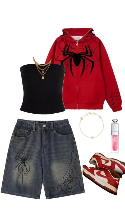 Red jacket, spider-man, black tube top, jorts, red dunks Spider Man Jacket Outfit, Spiderman Jacket Outfit, Spider Man Fits, Spider Man Outfits Woman, Spider Man Inspired Outfit, Spider Man Outfits Ideas, Red Dunks, Outfit Ideas Red, Spider Man Black