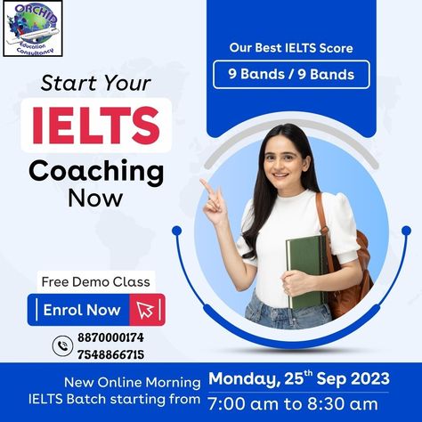 Join Orchid's Virtual IELTS!!! 🌟 Exciting News! 🌟 📚 Are you ready to conquer the IELTS exam and reach your dreams? Join Orchid's Virtual IELTS Coaching Class, led by Cambridge Certified faculties! 🗓️ Classes commence from September 25th, so mark your calendar. Whether it's Academic or General IELTS, we've got you covered. 🎉 To kick-start your journey towards success, we're offering a FREE IELTS Demo link. Call us at 8870000174/7548866715 Ielts Exam, Ielts Coaching, Mark Your Calendar, Exciting News, Social Media Post, Cambridge, Coaching, Social Media, Education