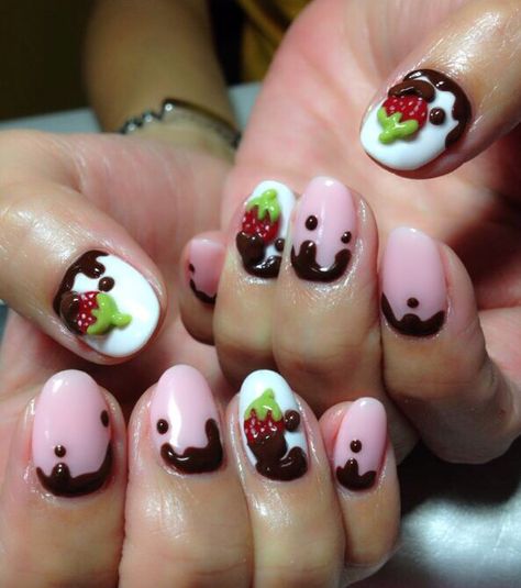 Strawberries & chocolate nails. Look yummy...🍓🍫😋 Chocolate Strawberry Nails, Neapolitan Nails, Neopolitan Nails, Chocolate Nails, Strawberry Nails, Strawberries Chocolate, Gyaru Style, Strawberry Chocolate, Really Cute Nails