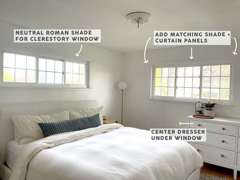 Assymetrical Windows Bedroom, Curtains For Short Wide Windows, Curtains For High Short Windows, Curtains For Wide Short Windows, Curtain For Short Window, Window Treatments Small Windows, Clerestory Window Treatments, Short Wide Window Treatments, Bedroom With Awkward Window