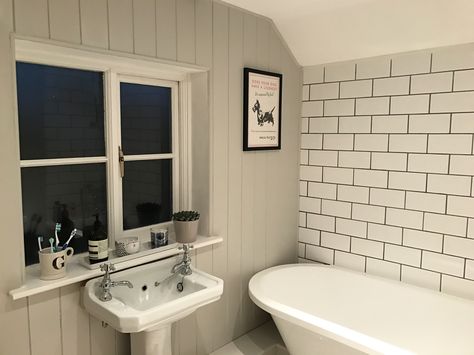 Panelled bathroom with metro tiles and roll top bath #restoration #rolltopbath #metrotiles #bathroom #traditional Panelled Bathroom, Metro Tiles Bathroom, Bathroom Traditional, Subway Tiles Bathroom, Metro Tiles, Roll Top Bath, Roll Top, Subway Tile, Shower Room