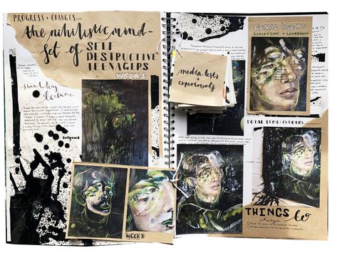 Portrait Layout Design Ideas, Contact Sheet Sketchbook, Year 12 Art Major Work, Gcse Art Book Layout Ideas, Distortion Gcse Sketchbook, Moodboard Art Sketchbook, Learning Diary, Growth And Decay Art Gcse Mindmap, Sketchbook Mindmap