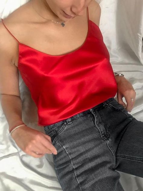 Silk Top Outfit, Cami Top Outfit, Red Silk Top, Tops Outfit, Cami Outfit, Red Cami, Silk Cami Top, Silk Outfit, Silk Tank Top