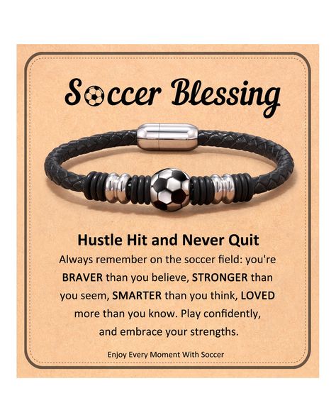 PRICES MAY VARY. [ Soccer Bracelet ] The soccer leather bracelet will show your love for soccer and sport, reminding you that faith and sportsmanship go hand in hand [ Soccer Party Favors ] This bracelet is a meaningful gift for Soccer players, Soccer teams, Soccer fans, sons, grandsons, friends, and yourself on graduation, Soccer senior night, birthday, Christmas, Valentine's Day, and Other Anniversaries [ Sport Gifts for Teen ] Made from black leather and stainless steel, this Soccer bracelet Soccer Bracelets, Soccer Bracelet, Soccer Senior Night, Soccer Party Favors, Brother Ideas, Soccer Fan Gifts, School Soccer, High School Soccer, Baseball Bracelet