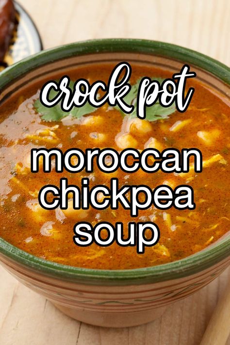 Slow Cooker Moroccan Chickpea Soup (Harira) - A little taste of North African cuisine. This Moroccan chickpea soup seems all over the place with veggies, cinnamon and pasta but it all ties together beautifully, make it and see for yourself! | CDKitchen.com Chick Pea Soup Crockpot, Crockpot Chickpea Recipes, Pea Soup Crockpot, Harira Recipe, Moroccan Chickpea Soup, Moroccan Chickpea, Crockpot Stew, Chickpea Soup, Healthy Superfoods