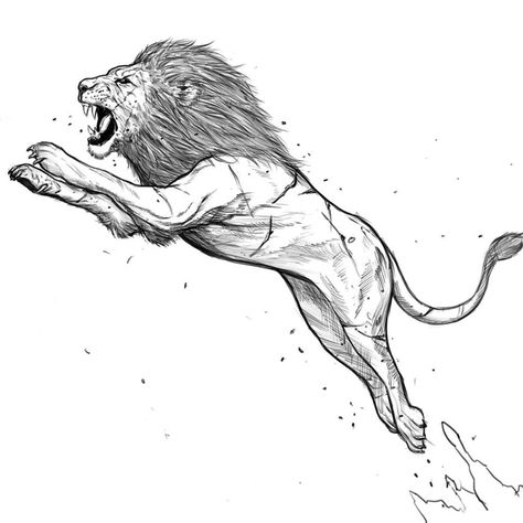 Lion Jumping Tattoo, Lion Pouncing Drawing, Lion Tattoo Patchwork, Lion Running Drawing, Lion Running Tattoo, Running Lion Tattoo, Lion Walking Tattoo, Lion Body Tattoo, Lion Drawing Tattoo