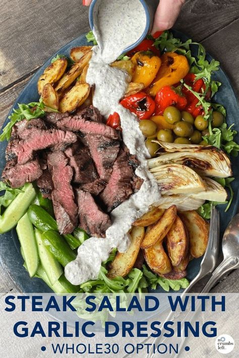 Gf Dinners, Shred 10, Creamy Garlic Dressing, Grilled Skirt Steak, Garlic Dressing, Steak Salad, Big Salad, Dressing Recipes, Skirt Steak