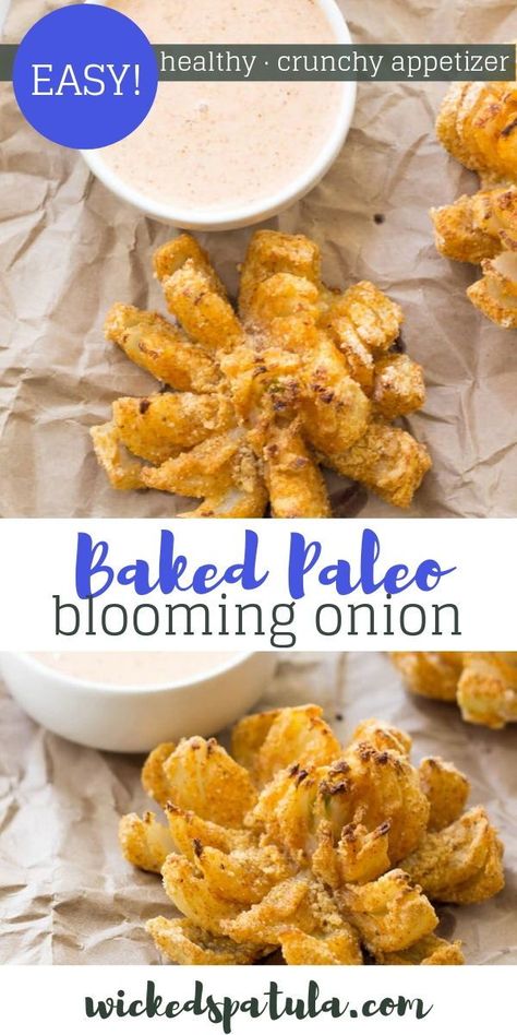 Baked Paleo Blooming Onions - This Paleo appetizer is perfectly crunchy and served with a spicy horseradish sauce. #wickedspatula #bloomingonion #paleo Blooming Onion Recipe, Paleo Appetizer, Baked Blooming Onion, Blooming Onions, Blooming Onion Recipes, Paleo Appetizers, Best Paleo Recipes, Blooming Onion, Keto Diet Snacks