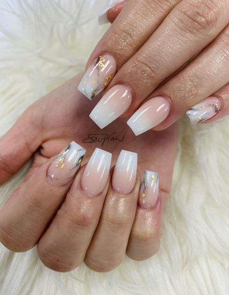 Short Coffin Marble Nails, Marble And French Tip Acrylic Nails, Ombre Nails With Marble Design, Ombre Nails With Foil Flakes, Classy Marble Nails, Cute Ombre Nails Coffin, French Tip And Marble Nails, Foil Marble Nails, Ombre And Marble Nails