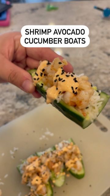 Cucumber Rice Shrimp Boats, Cucumber Shrimp Boats, Shrimp Cucumber Boats, Cucumber Boats, Cucumber Snacks, Cooked Shrimp, Avocado Cucumber, Sriracha Mayo, Cucumber Avocado