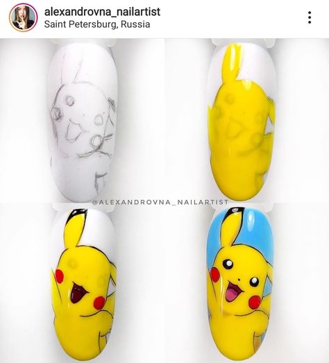 Pikachu Nails Nailart, Nail Art Designs Cartoon Characters, Pikachu Nails, Superhero Nails, Cartoon Nail Designs, Kids Nail Designs, Quick Nail Art, Nail Art For Kids, Line Nail Art