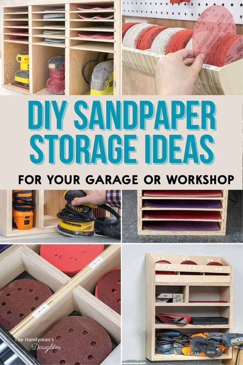 Sandpaper Storage, Diy Sanding, Thrift Store Furniture Makeover Diy, Paint Organization, Workbench Plans Diy, Storage Ideas Diy, Woodworking Tools Storage, Woodshop Organization, Garage Organization Diy