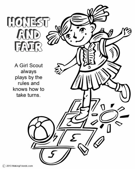 Girl Scouts Honest and Fair. Print this page and have the girls color it in. Print them all for each petal and make a coloring book. For them all see MakingFriends.com Girl Scout Daisy Petals, Girl Scout Daisy Activities, Girl Scout Meeting Ideas, Fair Girls, Girl Scout Promise, Girl Scout Law, Girl Scout Troop Leader, Girl Scout Badges, Girl Scout Daisy