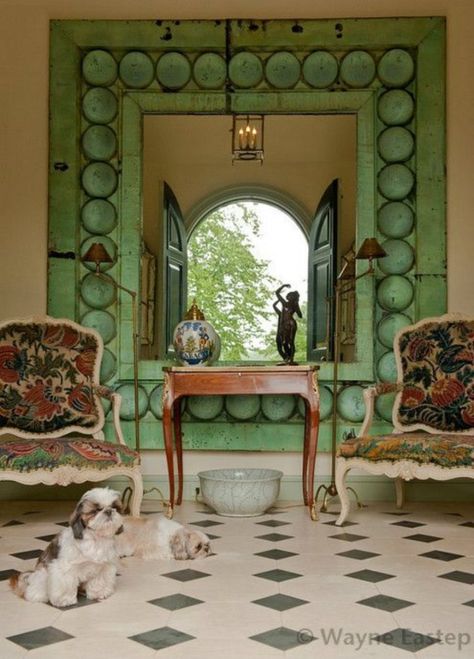 A Unique display of emerald and gemstones use in a fabulously luxury wall mirror. #green-framed-mirrors Interior Design Minimalist, Beautiful Mirrors, Large Mirror, Boho Home, A Mirror, On The Floor, Mirror Frames, Bathroom Shower, The Floor