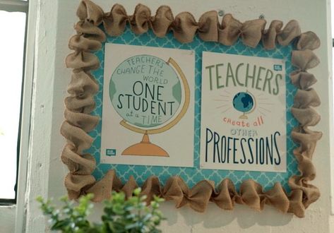 Budget-Friendly Burlap Decor Ideas to Give Your Classroom a Makeover Burlap Border, Burlap Bulletin Boards, Classroom Decor Middle, Bulletin Borders, Middle School Classroom Decor, Classroom Decor High School, Diy Classroom Decorations, Kindergarten Classroom Decor, Book Bins