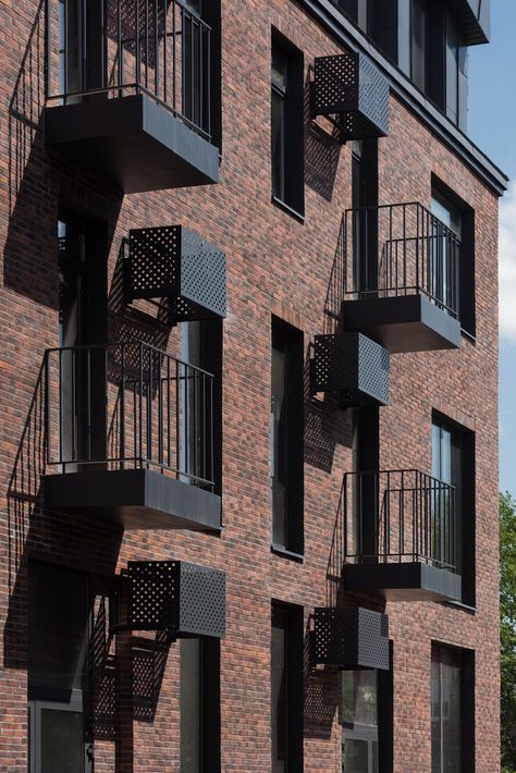 Gallery of Studio 12 Apartment Complex / T+T Architects - 7 Industrial Architecture Facade, Polished Concrete Kitchen, Brick Apartments, Concrete Apartment, Condominium Architecture, Apartment Block, Apartment Exterior, Air Conditioner Cover, Commercial And Office Architecture