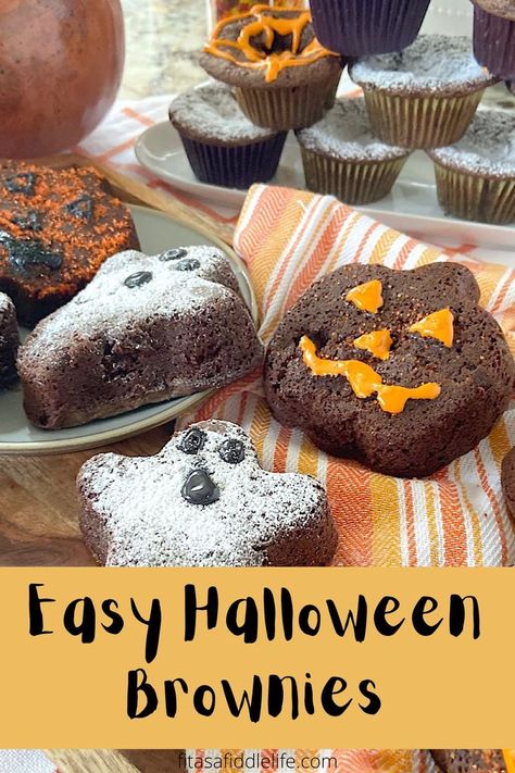 pumpkin, ghost, and cupcake brownies decorated with powdered sugar and colored icing. Family Favorite Casseroles, Easy Brownie Recipe, Halloween Brownies, Easy Brownie, Brownie Toppings, Brownies Recipe Easy, Cupcake Pan, Brownie Recipe, Pan Recipes