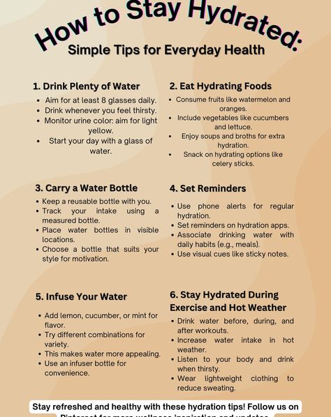 💧 Stay Hydrated for a Healthier You! 💧 Hydration is key to feeling your best every day. Whether you’re aiming for glowing skin, more energy, or better focus, these simple tips will help you stay on top of your hydration game. Swipe left for easy ways to keep hydrated and make water a part of your daily routine. 💦 ✨ Pro Tips: Drink 8 glasses of water daily. Eat hydrating fruits and veggies. Carry a stylish water bottle with you. Set reminders to sip throughout the day. Infuse your water for... How To Stay Hydrated Tips, Hydrating Fruits, Hydration Tips, Hydrating Foods, Glasses Of Water, Stylish Water Bottles, Minimalist Skincare, Water Aesthetic, Good Skin Tips