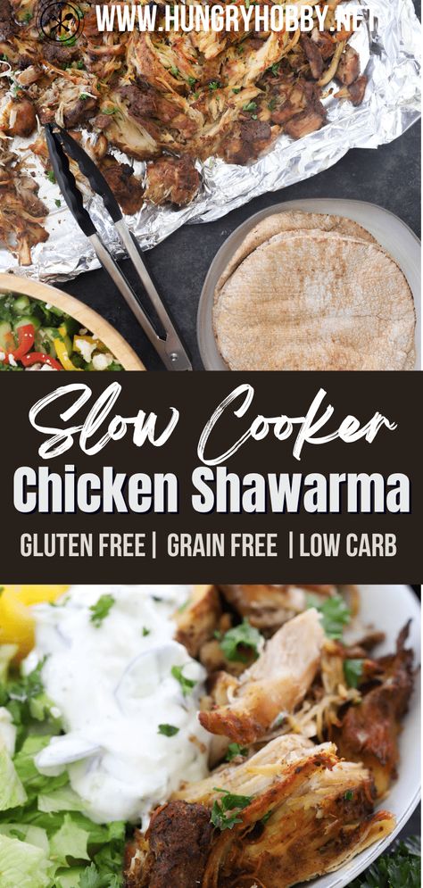 This slow-cooker chicken shawarma is tender, juicy, and crispy (after being broiled for a few minutes), for an easy no-fuss dinner! Slow Cooker Chicken Shawarma Recipe, Dairy Free Chicken Recipes, Freezing Cooked Chicken, Shredded Chicken Crockpot, Main Course Ideas, Paleo Instant Pot, Crockpot Chicken Healthy, Gluten Free Chicken Recipes, Chicken Shawarma Recipe