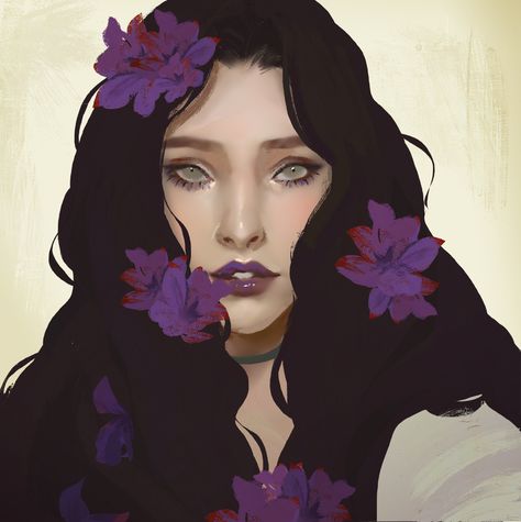 ArtStation - Girl and Flowers, Cindy Handoyo Character Art Black Hair, Character Art Black, Violet Character, Belladonna Flower, Black Hair Pale Skin, Hair Pale Skin, Charcoal Drawing, Drawing Tutorials, Drawing Tips