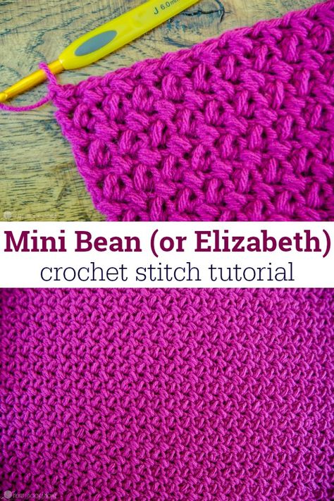 The Mini Bean stitch, also known as the Elizabeth stitch, creates a beautiful texture, is quite easy to crochet. This Mini Bean tutorial will teach you everything you need to know about this fun, beautiful stitch. via @ashlea729 Mini Bean Stitch, Bean Stitch, Crochet Stitches Free, Crochet Knit Stitches, Easy Crochet Stitches, Crochet Gratis, Crochet Stitches Video, Crochet Dishcloths, Crochet Lessons