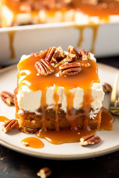 Caramel Carrot Cake Poke Cake - That Oven Feelin Carrot Cake Pudding, Carrot Cake Poke Cake, Caramel Carrot Cake, Slice Dessert, Cake Poke, Cheesecake Pudding, Spice Cake Mix, Poke Cakes, Salted Caramel Sauce