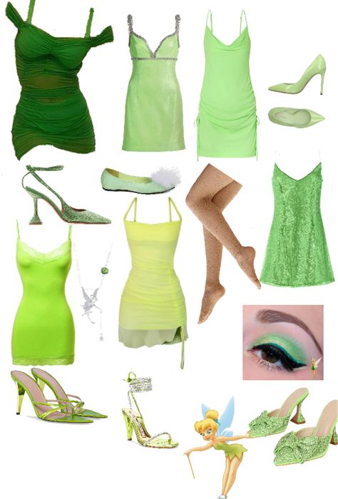 Tinkerbell Modern Outfit, Tinker Ell Halloween Costume, Tinker Bell Outfit Ideas, Tinker Bell Hairstyles, Tinker Bell Costume College, Tinker Bell And Vidia Costume, Tinker Bell Inspired Outfits, Easy Tinkerbell Costume, Tinker Bell And Friends Costumes