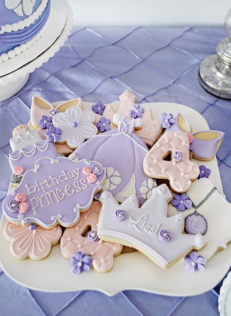 Royal Purple Sofia the First Birthday Party // Hostess with the Mostess® Princess Party Cookies, Crown Cookie, Princess Themed Birthday Party, Princess Sofia Birthday, Sofia Princess, Princess Sofia Party, 4de Verjaardag, Sofia The First Party, Sofia The First Birthday Party