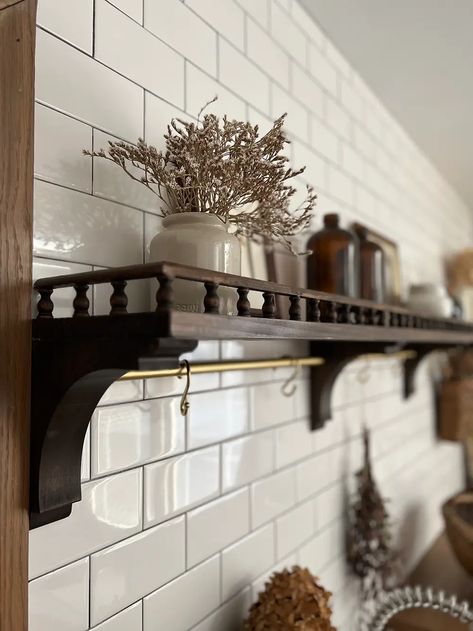 How to Build a Shelf with a Wood Gallery Rail - BREPURPOSED Shelves With Railings, Shelf With Tipping Rail, Floating Shelves Brackets, Floating Shelves With Railing, Small Kitchen Shelf Ideas, Shelf Decor Wall Shelves, Small Kitchen Shelf Decor, Build A Shelf, Laundry Room Refresh