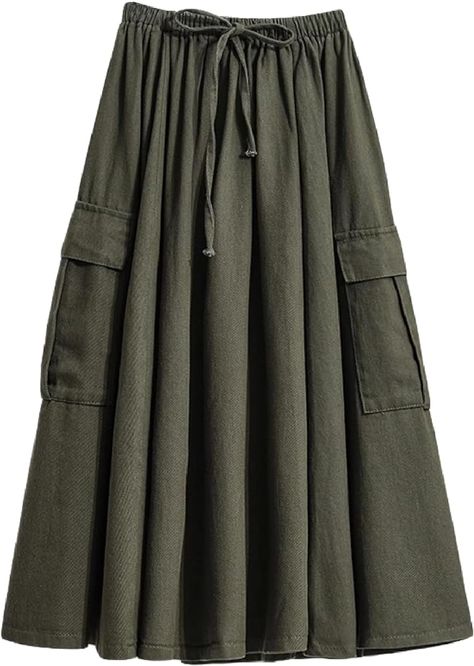 Kisidoo Cargo Maxi Skirt Women's Casual Elastic Waist Pleated A-Line Knee Length Skirt with Pocket for Work & Daily Army Green at Amazon Women’s Clothing store Womens Maxi Skirts, Knee Length Skirt, Skirts With Pockets, Amazon Women, Women's Casual, Army Green, Clothing Store, Maxi Skirt, Casual Women