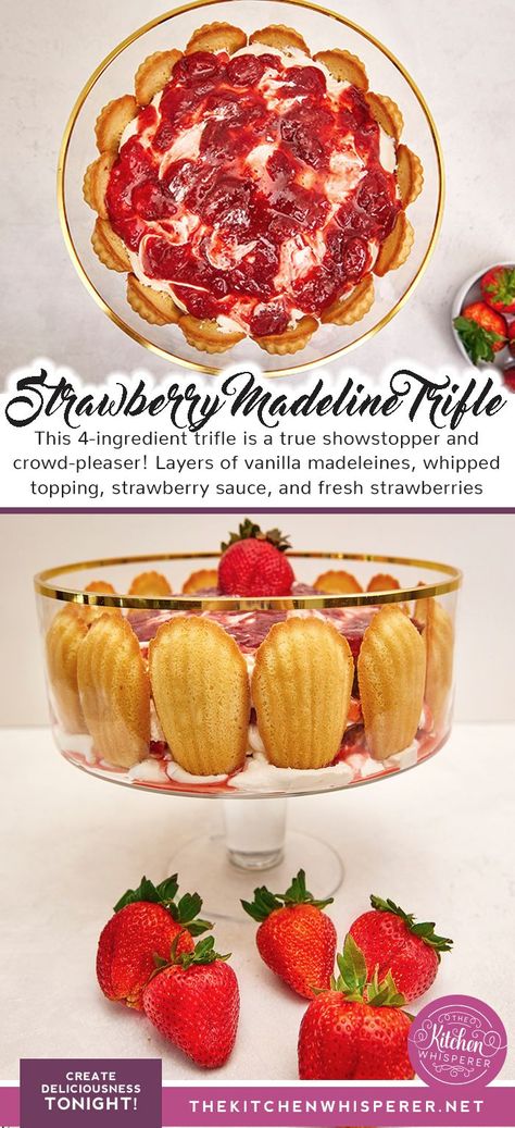 This 4-ingredient trifle is a true showstopper and crowd-pleaser! #trifle #madeleines Madeleine Dessert Ideas, Recipes Using Madeleines, Strawberry Madeleines Recipe, Dessert Crowd, Vanilla Madeleines, Trifle Strawberry, Dessert For A Crowd, Madeline Cookies, Fruit Trifle